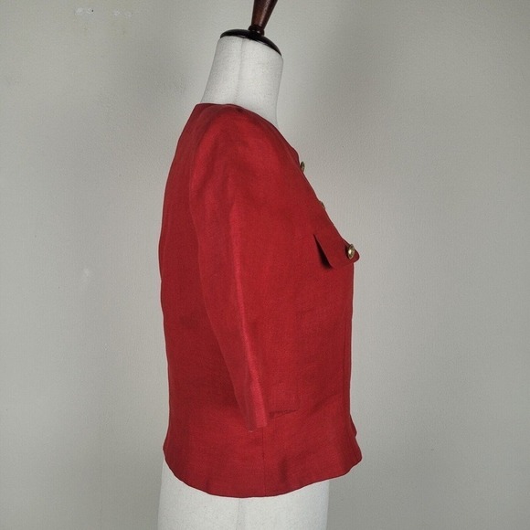 Vintage Nipon Boutique Blouse 6 Red Linen Button Down Chic Classic Crop Tailored - Picture 3 of 10